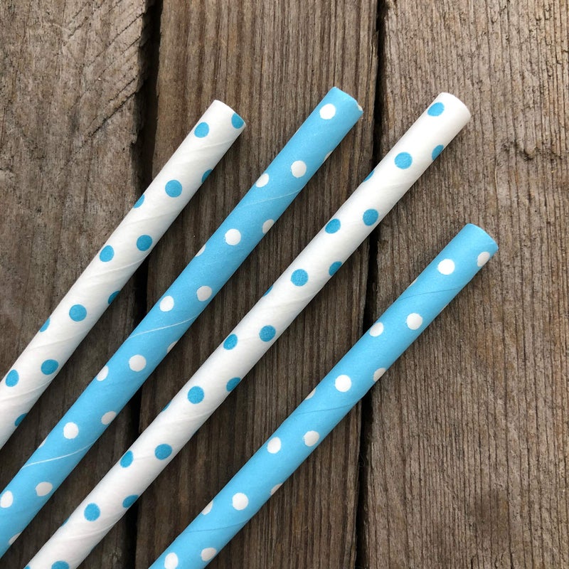 Outside the Box Papers Light Blue and White Paper Straws - Polka Dot - 7.75 Inches - 50 Pack - Image 4